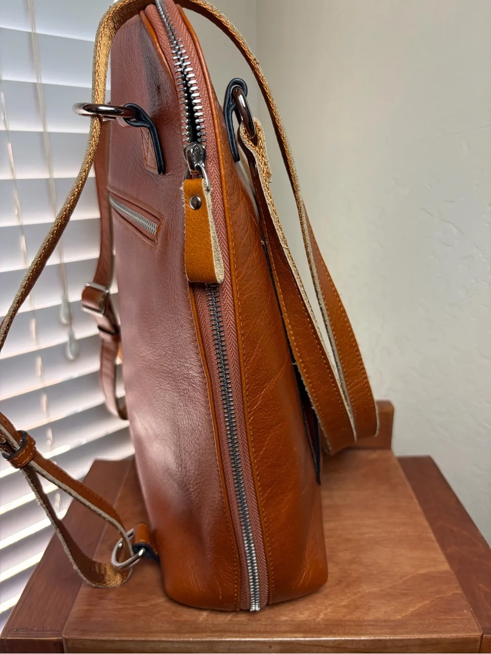 S-ZONE Genuine Leather Backpack Cognac Brown Laptop Travel Bag Unisex
